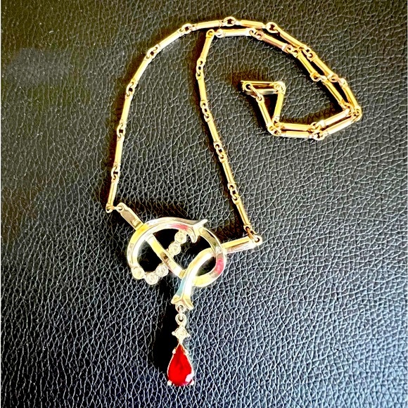Vintage Twisted Knot Art Nouveau Style Gold Tone Choker Necklace Red Pear Stone - Picture 3 of 7